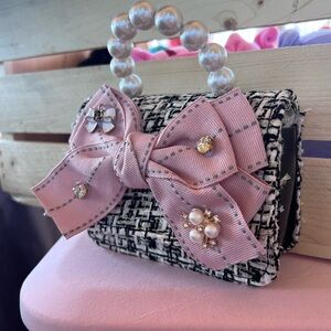 Chic Tweed Handbag with Pink Bow and Pearl Handle